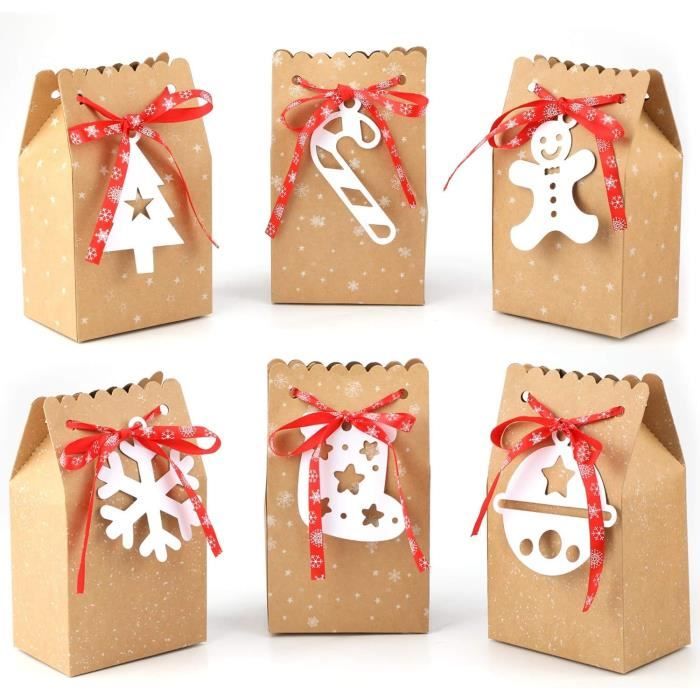 Lot de 24 Boîtes Cadeau de Noël en Papier Kraft avec Fenêtre, avec ficelle,  Sac Cadeau Noël pour emballage cadeau, bonbons, chocolats, biscuits,  aliments pour Décoration de Noël (22 x 15 x 7 cm)