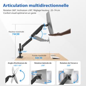 Support Double écran HUANUO - Pour écrans 22-40 Pouces - Bras Réglable Hauteur 52cm - Charge 12kg Par écran