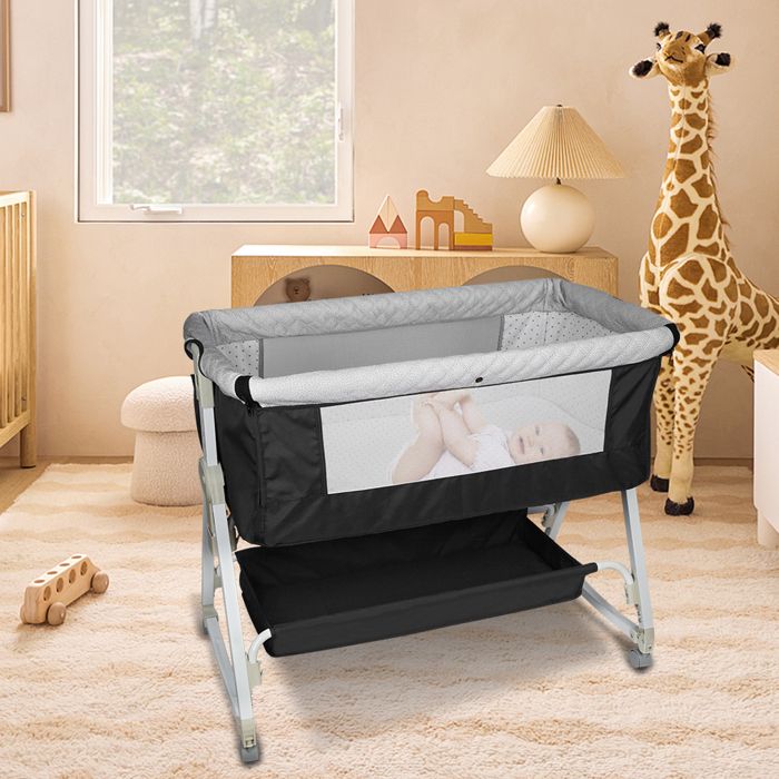 Willonin Lit Bébé Cododo évolutif - 92x58 Cm, Hauteur Réglable, Avec Matelas Et Moustiquaire, Gris