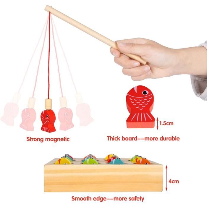 JSMTKJ Jeu De Pêche Magnétique En Bois – 15 Animaux Marins + Canne Aimantée – Jouet Montessori éducatif 3-8 Ans – Boîte De Rangement – Cadeau Noël Anniversaire – Motricité Et Couleurs