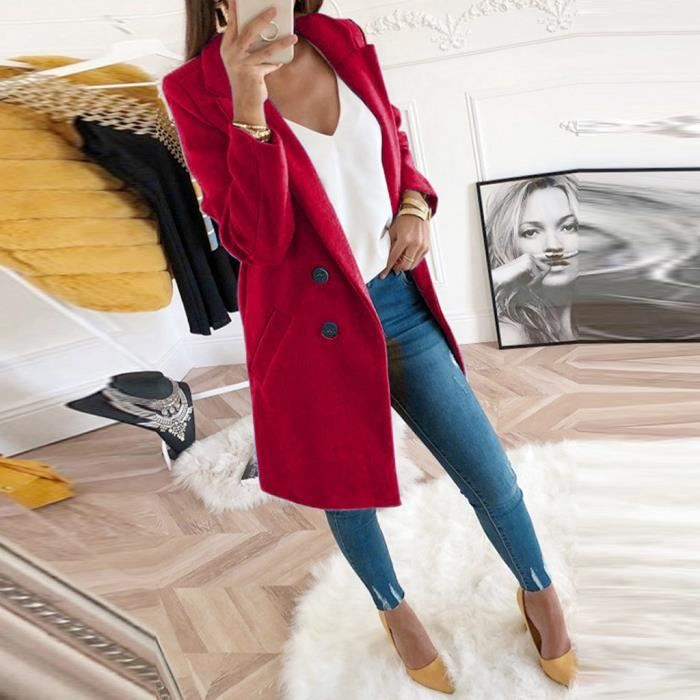 OS Femme Laine Artificielle Melange Elegant Manteau Mince Femme Long Manteau Survetement Veste rouge Rouge Cdiscount Pret a Porter