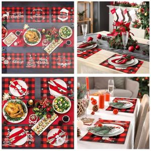 Lot De 6 Serviettes De Table En Tissu Rouge - Motif Flocon De Neige Et Bonhomme De Neige - Noël