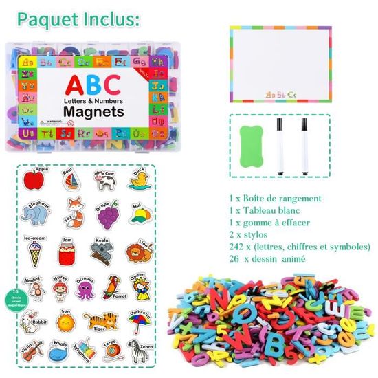 268pcs lettres et chiffres magnetiques pour enfant 1 tableau blanc 2 stylos 1 gomme a effacer alphabet aimant pour enfant colore cdiscount jeux jouets