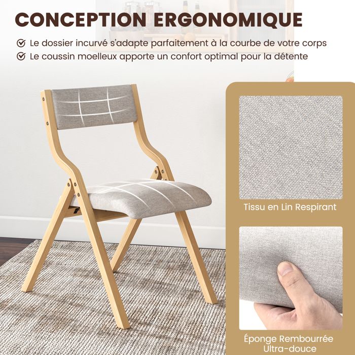 Lot De 2 Chaises De Salle à Manger Pliantes COSTWAY – Bois Massif, Tissu Lin, Rembourrées – Pliable, Sans Accoudoirs, Pour Cuisine, Bureau (couleur Naturel)
