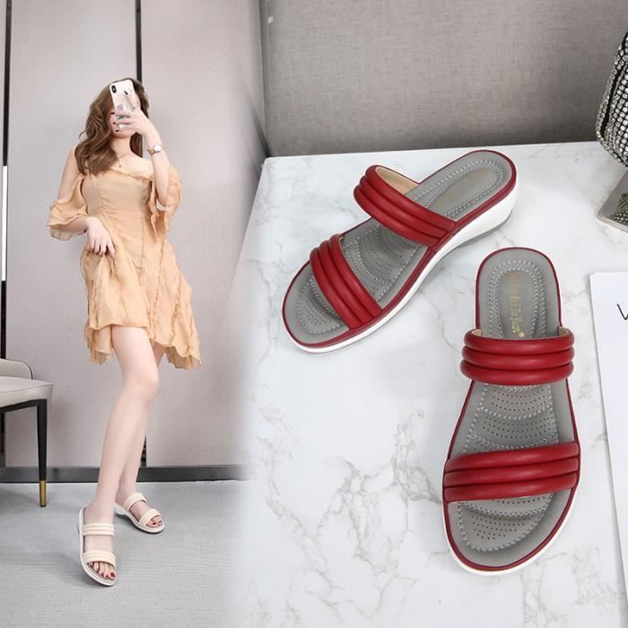 Tongs Compensée Femme Rouge Antidérapant Bout Ouvert