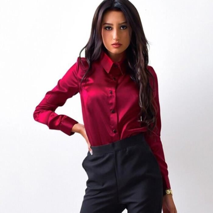 Chemisier Femme Satin Revers Manches Longues elegant Rouge Vert