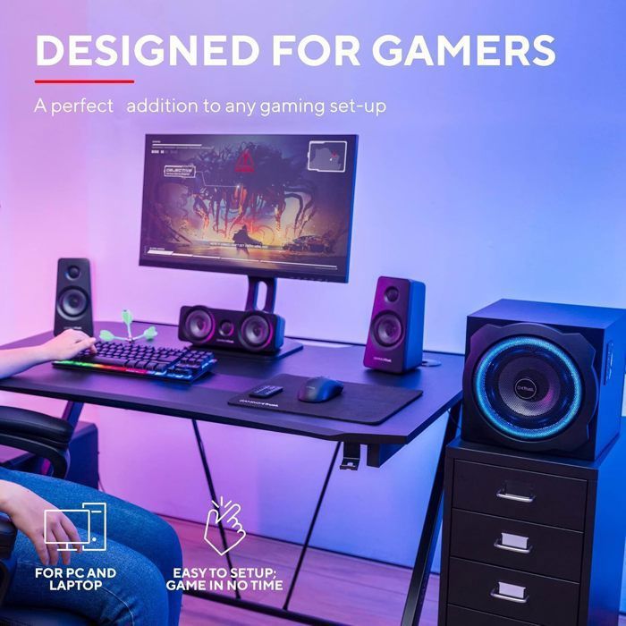 Enceintes PC Gamer Trust GXT 658 Tytan 5.1 - 180W, Caisson De Basses Bois, LED Bleue, Télécommande