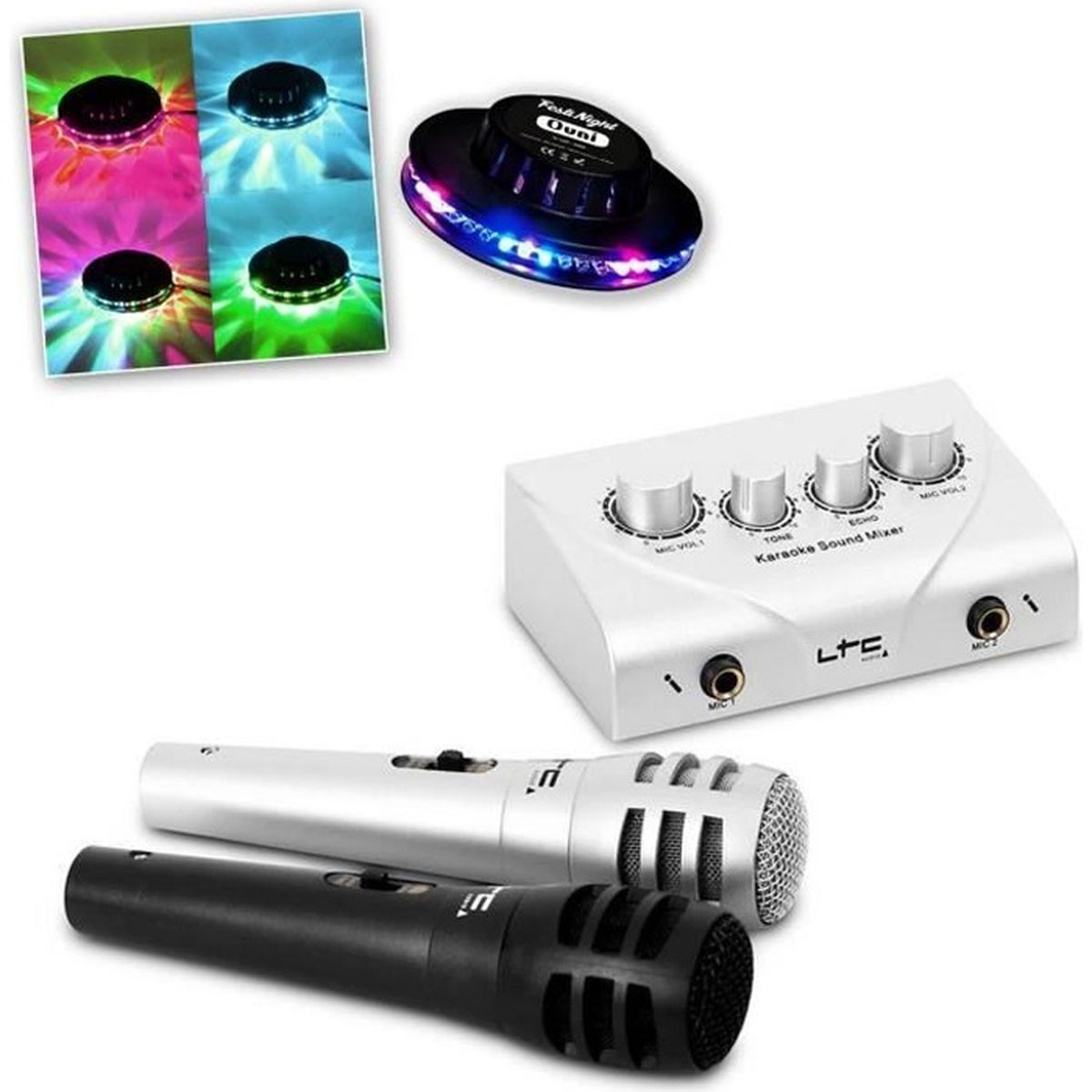 Système Karaoké Plug & Play avec 2 micros KSM10 + Effet UFO OVNI à LED