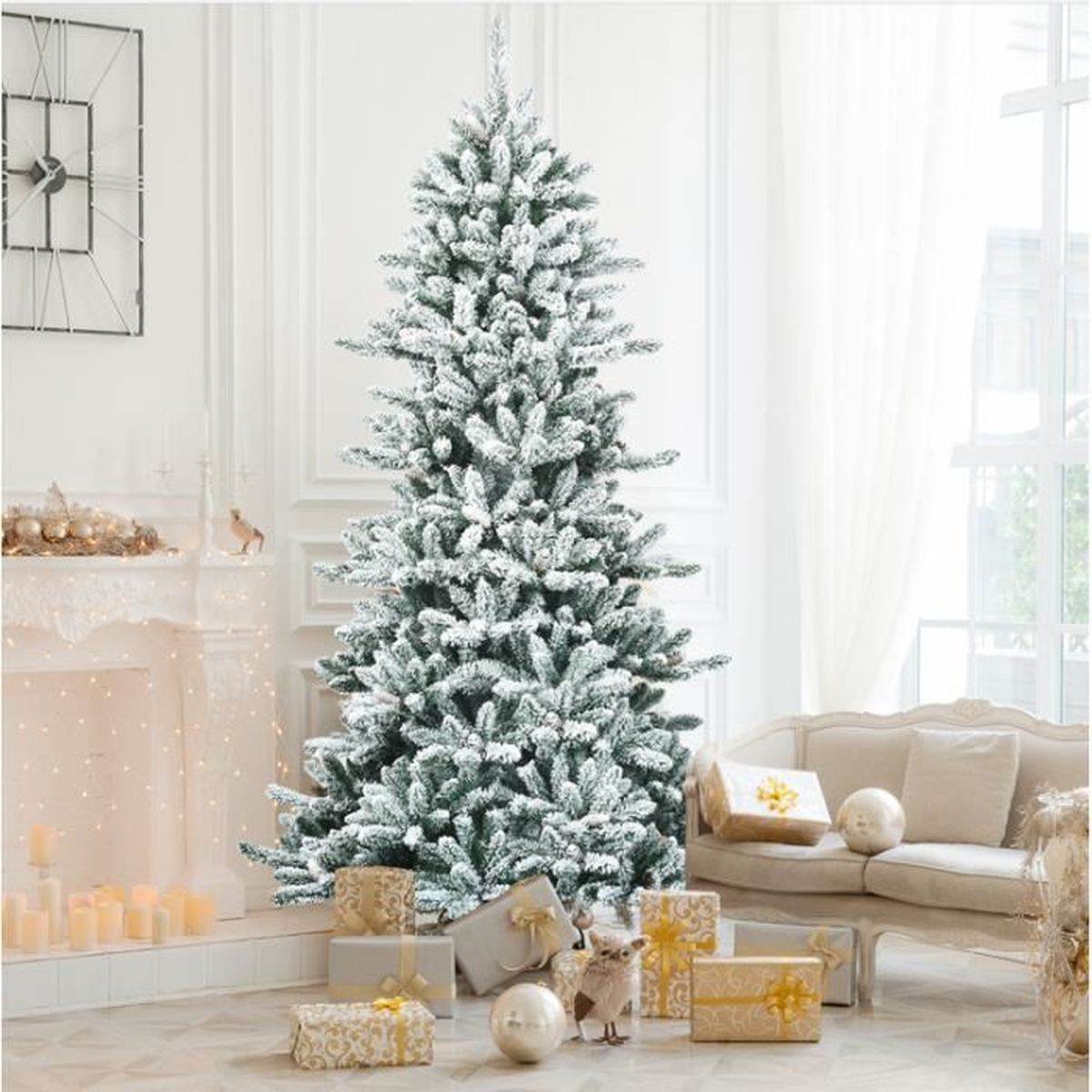 GIANTEX Sapin de Noël Artificiel 2,1 M Floqué avec Pommes de Pin, Arbre de Noël avec Socle en 