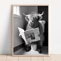 Animaux Assis Sur Les Toilettes Lire Un Journal Imprime Affiche Drôle Salle De Bain Mur Décor Image Vache Wc Peinture Murale