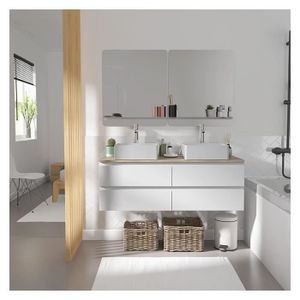SALLE DE BAIN COMPLETE Ensemble meuble double vasque blanc 120cm + 2 vasques + 2 miroirs + 2 robinets SORRENTO