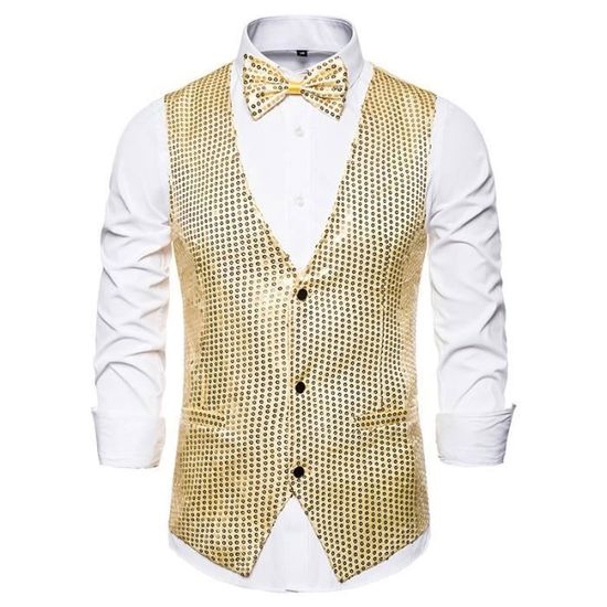 Gilet à Paillettes Homme - Brillant Disco, Col En V, Sans Manches, Pour Mariage/Fête/Carnaval