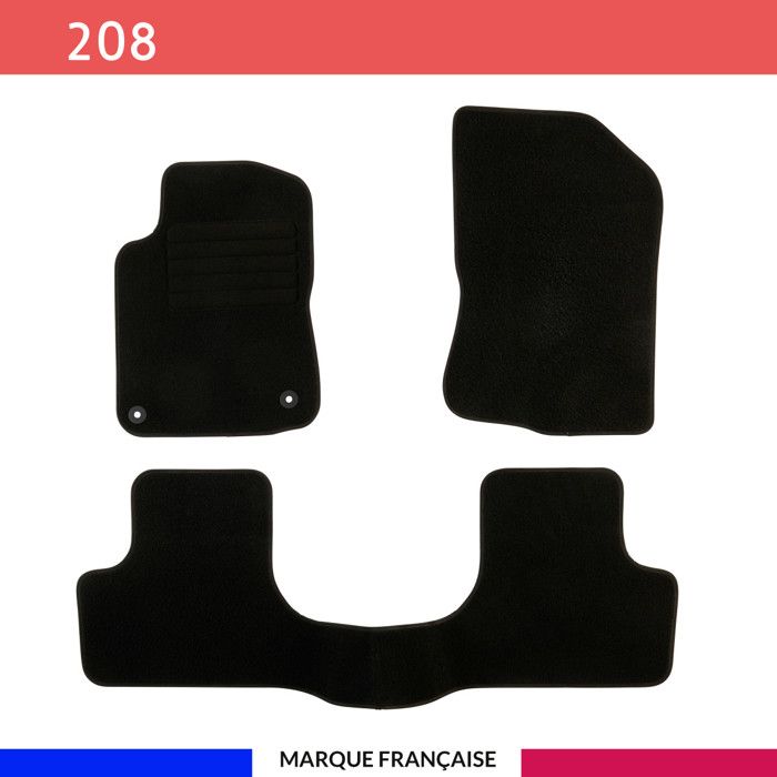 Tapis de sol voiture - Sur mesure pour PEUGEOT 208 (03/2012-09/2019) Antidérapant - 3 pièces : Protection arrière - Moquette