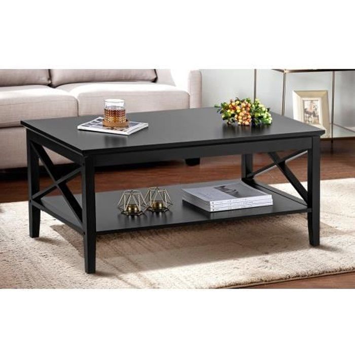 Table basse Salon Moderne X Design en bois avec étagère de rangement 100 cm x 60 cm x 47 cm --NOIR