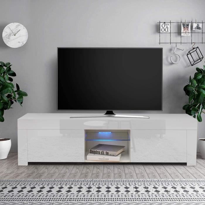 Dripex Meuble TV LED haute brillance - 130 cm - Blanc - Contemporain Corps blanc mat