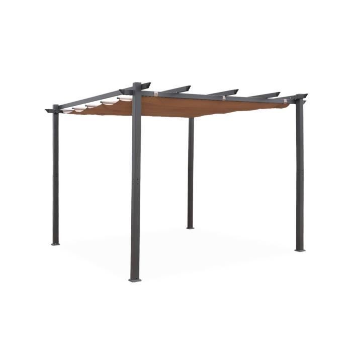 Pergola aluminium - Isla 3x3m - Toile taupe - Tonnelle idéale pour votre terrasse. toit rétractable. toile coulissante. structure