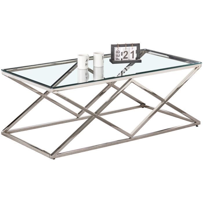 Table basse design en acier inoxydable poli argenté et plateau en verre trempé transparent L. 120 x P. 60 x H. 45 cm collection