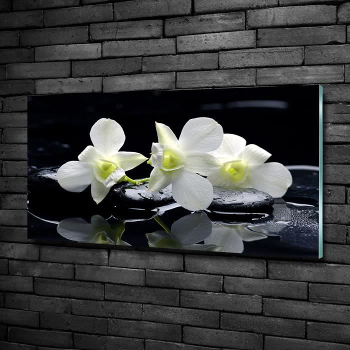Tulup 100x50cm Tableau sur verre de sécurité:- Fleurs plantes - Orchidée - Blanc Rouge