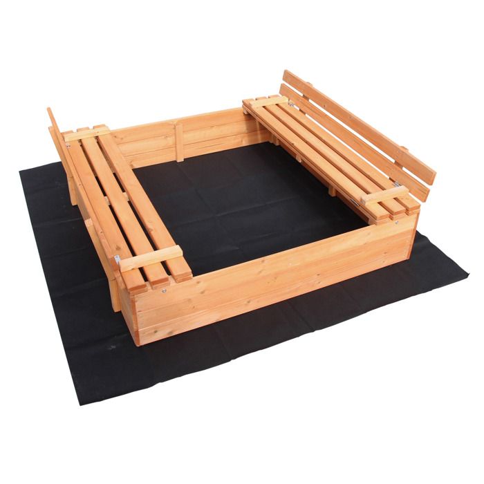 Bac à sable couvercle Repliable 2 Bancs intégrés 980x980x200 mm Bois d'épicéa Sol non-tissé Jeu - 51063