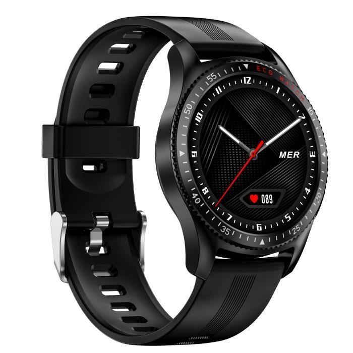 Montre Connectée Homme avec Micro Smartwatch Femme ECG PPG Grand Écran Rond Tactile Étanche IP67 Boîtier Alliage Bracelet Similicuir
