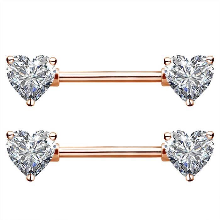 OUFER 2 Pièces Anneau de Téton en Acier chirurgical 316L avec Zircone Cubique en Cœur Piercing de Mamelon Barbell, Bijou de Corps