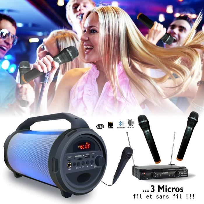 Enceinte lumineuse sur batterie Karaoke USB/Bluetooth PARTY-TUBELED - 2 micros sans fil UHF - 1 Micro filaire - Soirée - Cadeau
