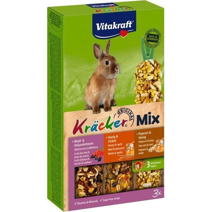 VITAKRAFT Kräcker Trio-Mix Fruits des bois baies de Sureau, miel épeautre et popcorn miel P/3 - Pour lapin nain