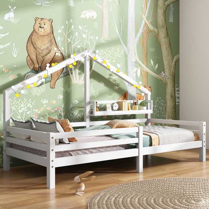 Lit Cabane Enfant 90x200 cm avec éTagèRes Lit Simple avec design en Forme de CheminéE Lit Enfant Rembourré Lit 1 Personne Blanc