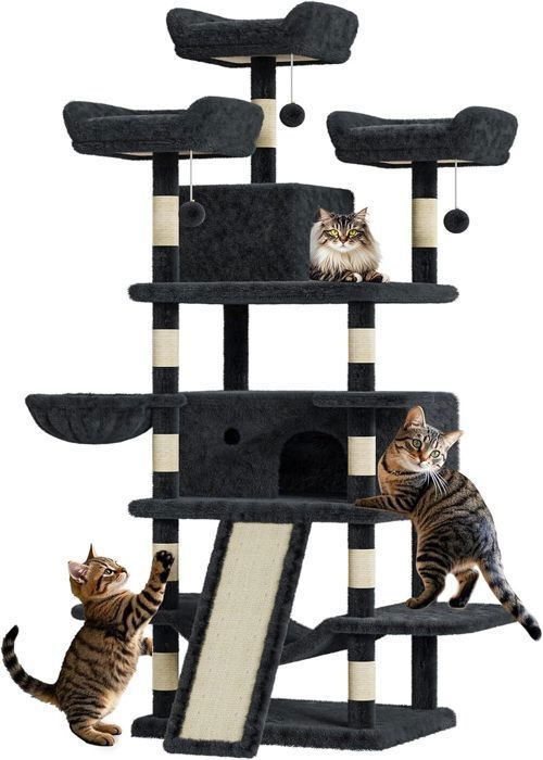 Meilleurs prix pour Arbre à Chat Grande Tour de Jeux 174 cm avec 3 Griffoirs 1 Planche à Griffer 2Plate-Forme 2Niches PanierGris foncé