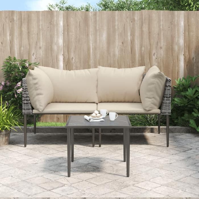 vidaXL Salon de jardin 3 pcs avec coussins Gris Résine tressée salon de jardin ensemble de salon dextérieur ensemble de 364127