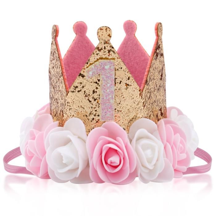 Couronne 1er Anniversaire pour Filles Chapeau de Princesse Pailleté Accessoires Photo Bébé Bandeau pour Smash de Gâteau