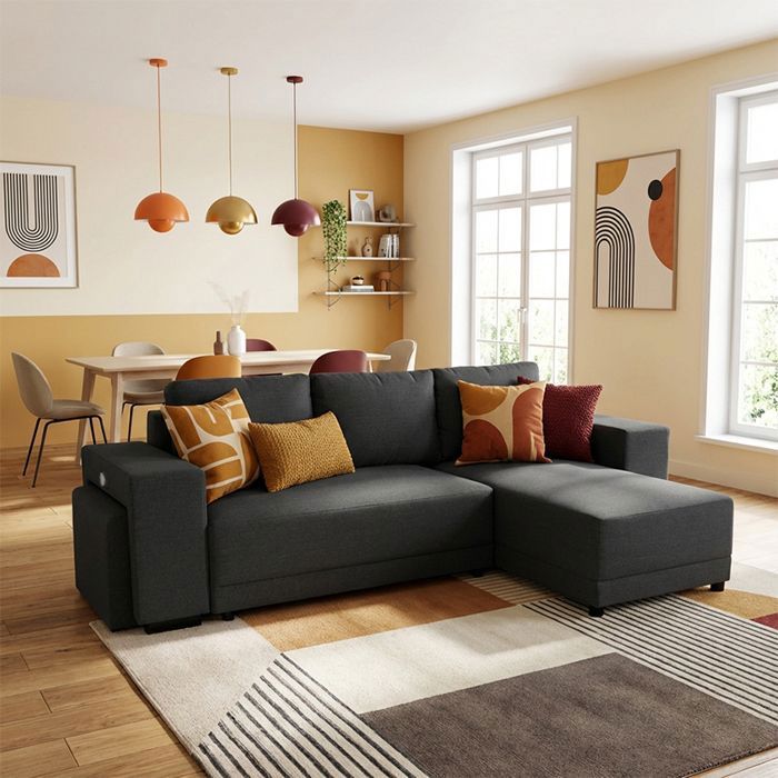 VEGA Canapé dangle reversible convertible Gris CHARBON (tissu texturé) - Taille M - 4 places - 254 x 155 x 86