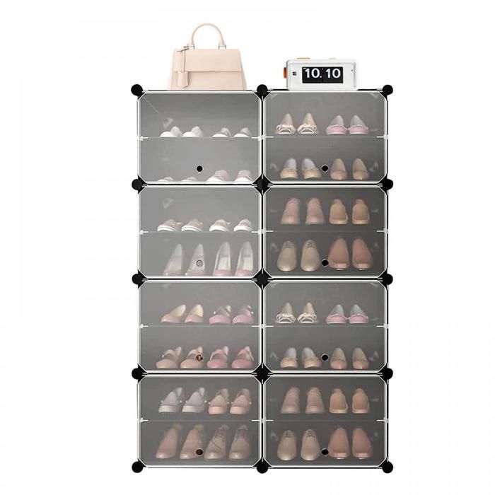 MIPAN.Meuble à chaussures plastiques - Avec 16 Compartiments Rectangulaires + Crochet + Porte - Pour 16 Paires - Noir