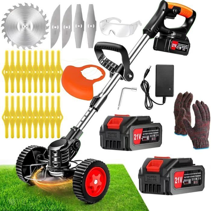 Débroussailleuse électrique Sans Fil Ykall 21V - Avec 2 Batteries 4.0Ah, 3 Lames, Roues Et Manche Télescopique (70-155cm) - Pour Jardin, Herbe, Bordures Débroussailleuse 3 Lames Incluses