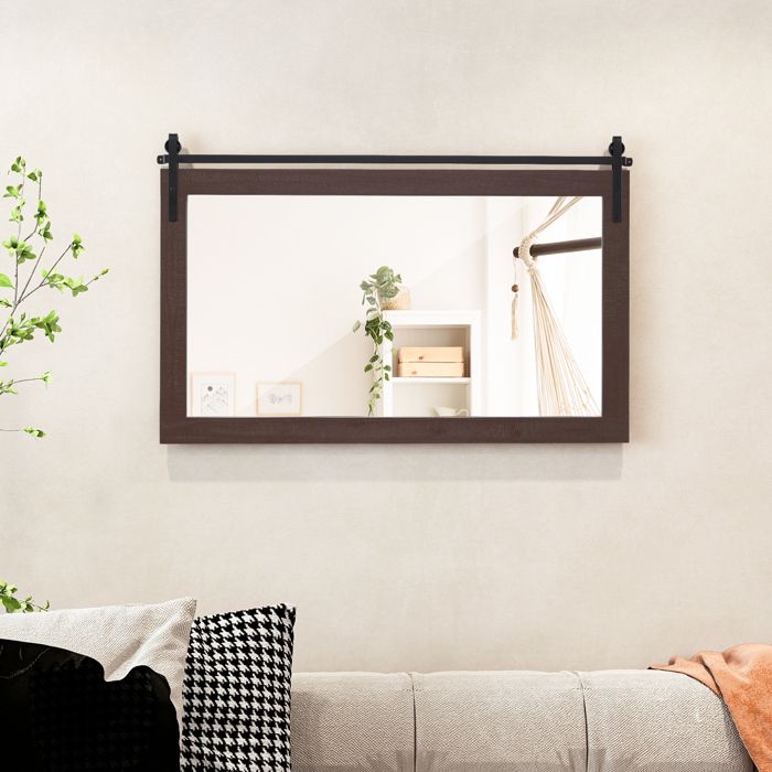 100 x 66 CM Miroir Murale Rectangulaire COSTWAY Cadre en Bois Massif Support en Métal pour Salon Chambre Salle de Bain Noyer