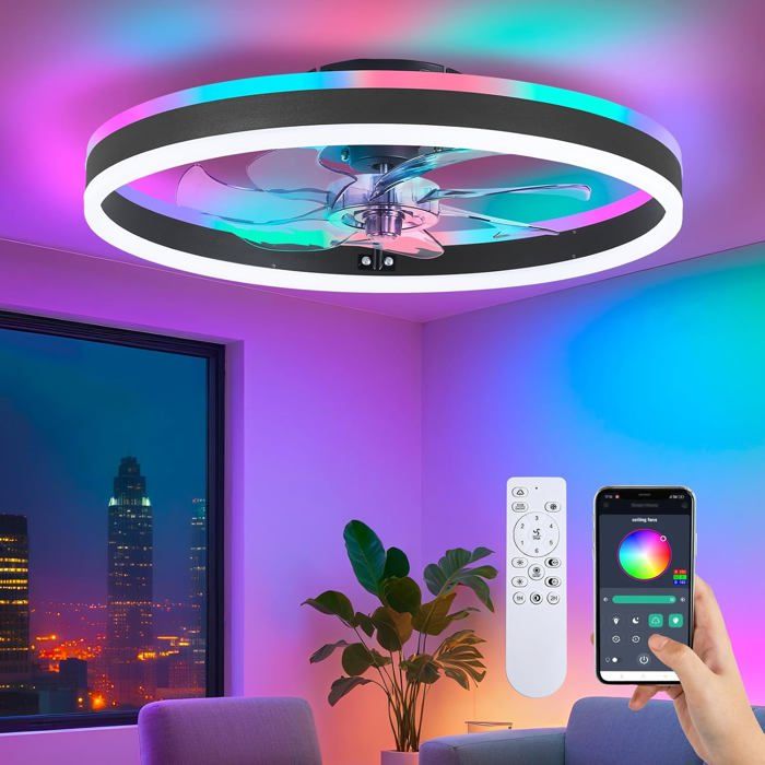 Ventilateur de plafond RVB avec éclairage suspension discrète de 50 cm avec télécommande et application noir - Omegasback