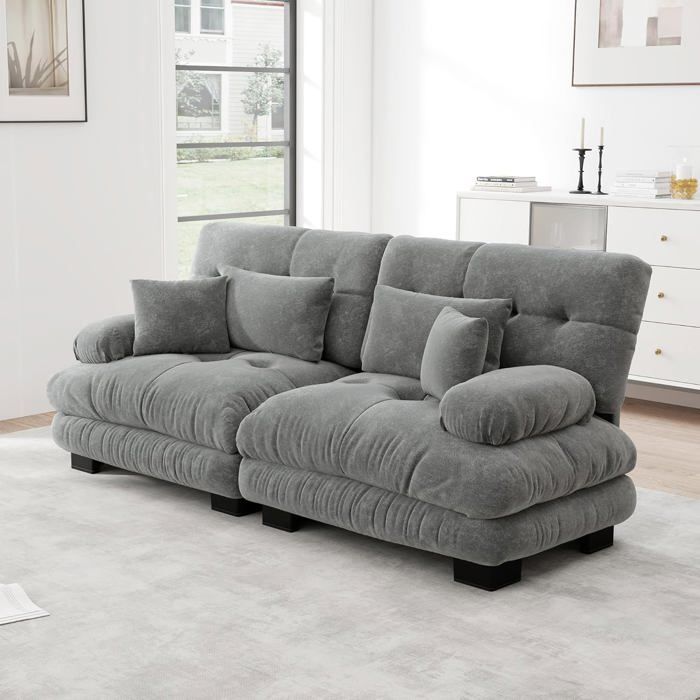 Lemonbest Canapé 2 Places en Chenille avec 2 Coussins lombaires et 2 Coussins décoratifs canapé sectionnel Cloud pour Salon Gris
