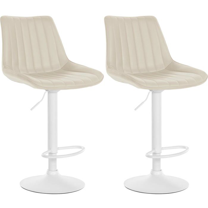 Lot de 2 tabourets de bar reglable en hauteur pivotant a 360° assise en similicuir creme couture verticale pied metal blanc 10_000