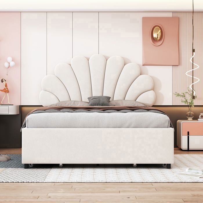 Lit Double - Tête de Lit Fleurie et 4 Tiroirs - 140x200 cm - Velours Beige – Cadre de Lit Rembourré - Design et Fonctionnel Lit Double - Tête de Lit Fleurie et 4 Tiroirs - 140x200 cm - Velours Beige – Cadre de Lit Rembourré - Design et Fonctionnel