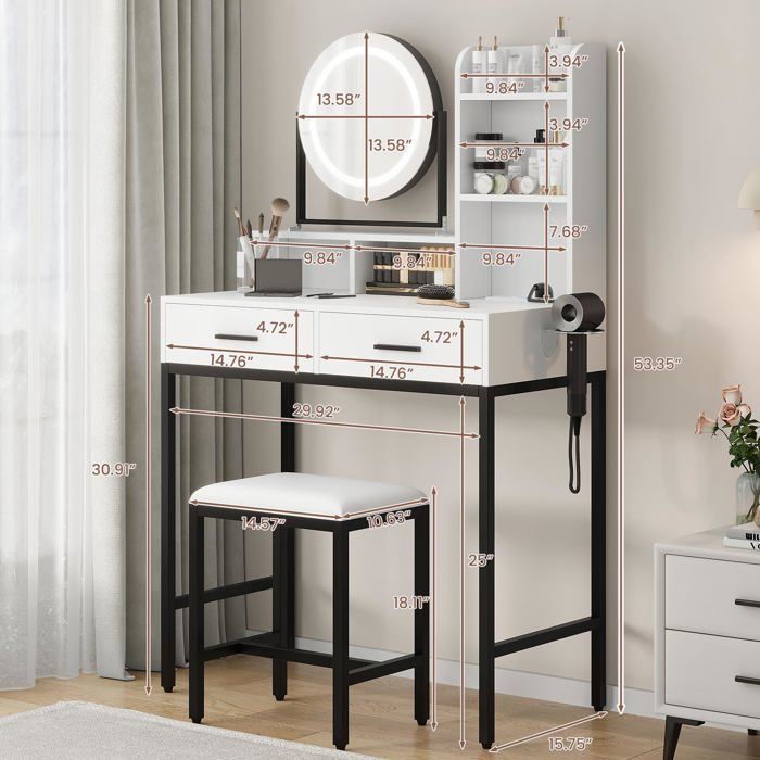Coiffeuse avec Miroir rond et Tabouret LED Réglable 2 Prise et Port USB 2 Tiroirs de Rangement Blanc et noir
