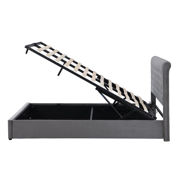 Lit Coffre 160x200 cm Rangement Intégré Vérin Hydraulique Velours Gris - Sans Matelas
