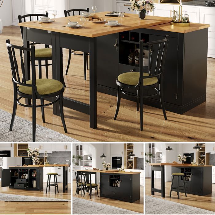 Îlot de Cuisine Extensible Noir 120-180 cm avec Rangement et Porte-Bouteilles Table de Repas Pivotante 360° Table Haute Îlot de Cuisine Extensible Noir 120-180 cm avec Rangement et Porte-Bouteilles Table de Repas Pivotante 360° Table Haute