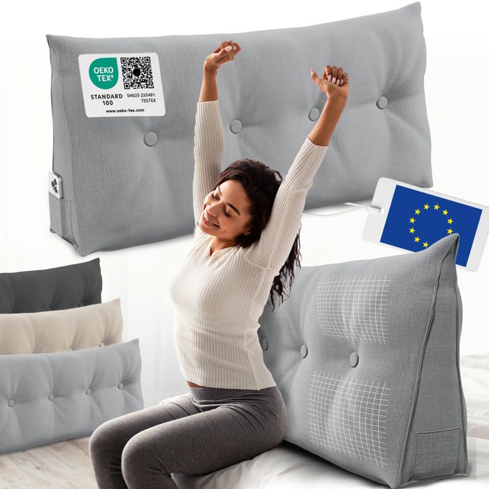 ELONEO coussin dossier lit 120 cm coussin triangulaire de lecture cale-dos avec housse lavable et poche latérale gris