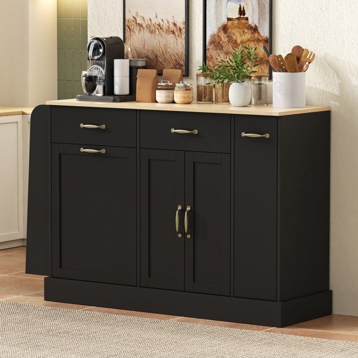 Buffet Bahut de Cuisine avec Compartiment Poubelle Intégré - 133.5x40x86 cm - Étagères à Épices Modernes - Noir et Bois