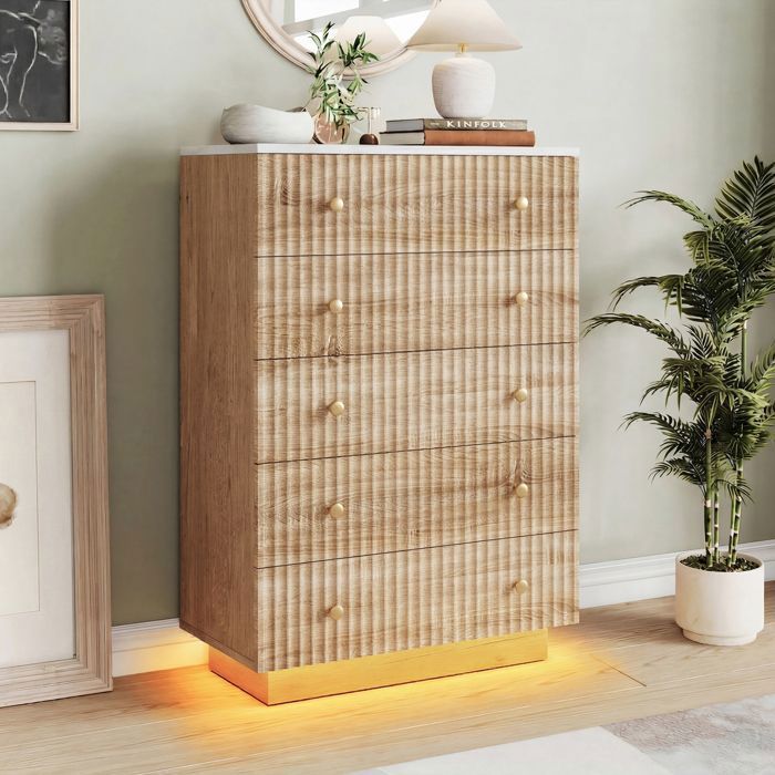 Commode BoisCommode 5 Tiroirs avec LEDArmoire à Tiroirs ChambreMeuble a Tiroirs Rangementavec Anti-Basculement 73×40×111cm