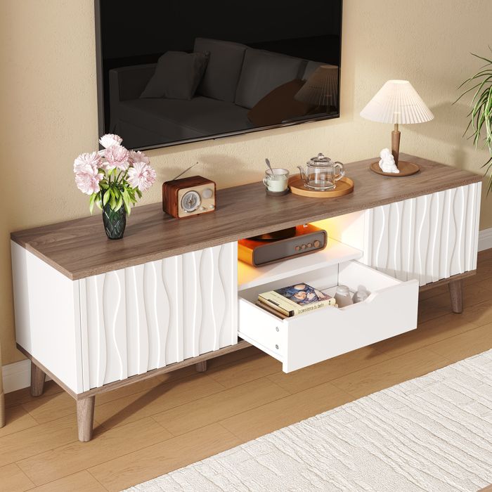 Meuble TV avec LED - 160 x 40 x 52 cm - Blanc et Noyer Foncé Porte Coulissante Tiroir Banc TV Moderne pour Salon Meuble TV avec LED - 160 x 40 x 52 cm - Blanc et Noyer Foncé Porte Coulissante Tiroir Banc TV Moderne pour Salon