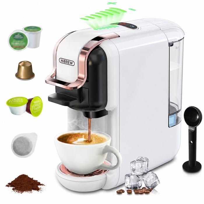 HiBREW Machine à Café 5-en-1 Blanc 19 Bars Compatible Multi-Capsules et Café Moulu Arrêt Auto – Zéro Gaspillage - Hibrew