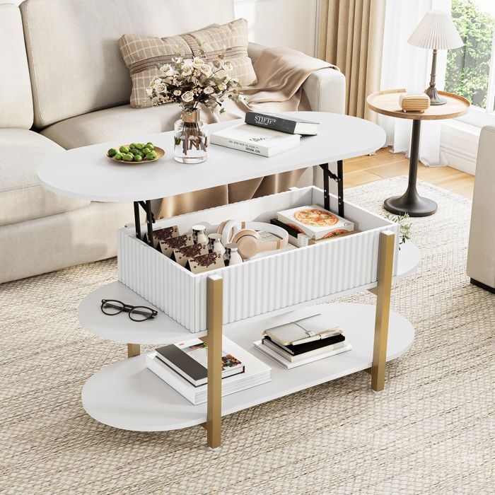 Table Basse Relevable - 106x45x50cm - Plateau Escamotable Ovale et Grand Coffre de Rangement de Salon Moderne Intérieur - Blanc