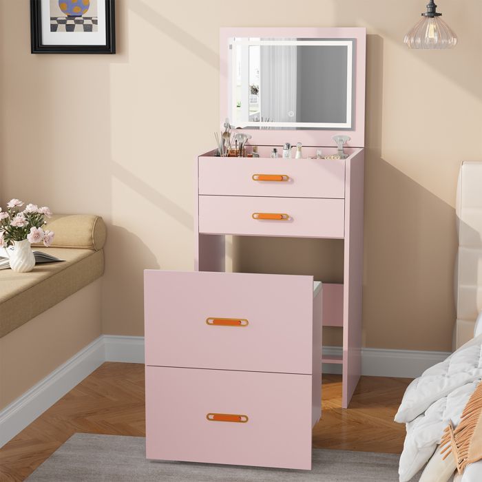 Coiffeuse compacte avec miroir led et tabouret 3 en 1 lumineux à 3 modes avec tiroir et tabouret de rangement à roulettes Rose