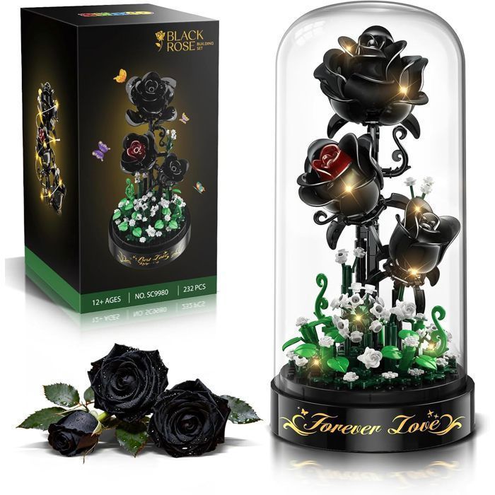 Kit construction bouquet - HIWEEGO - 232 pièces LED - Roses noires - Pétales ajustables - Cloche anti-poussière